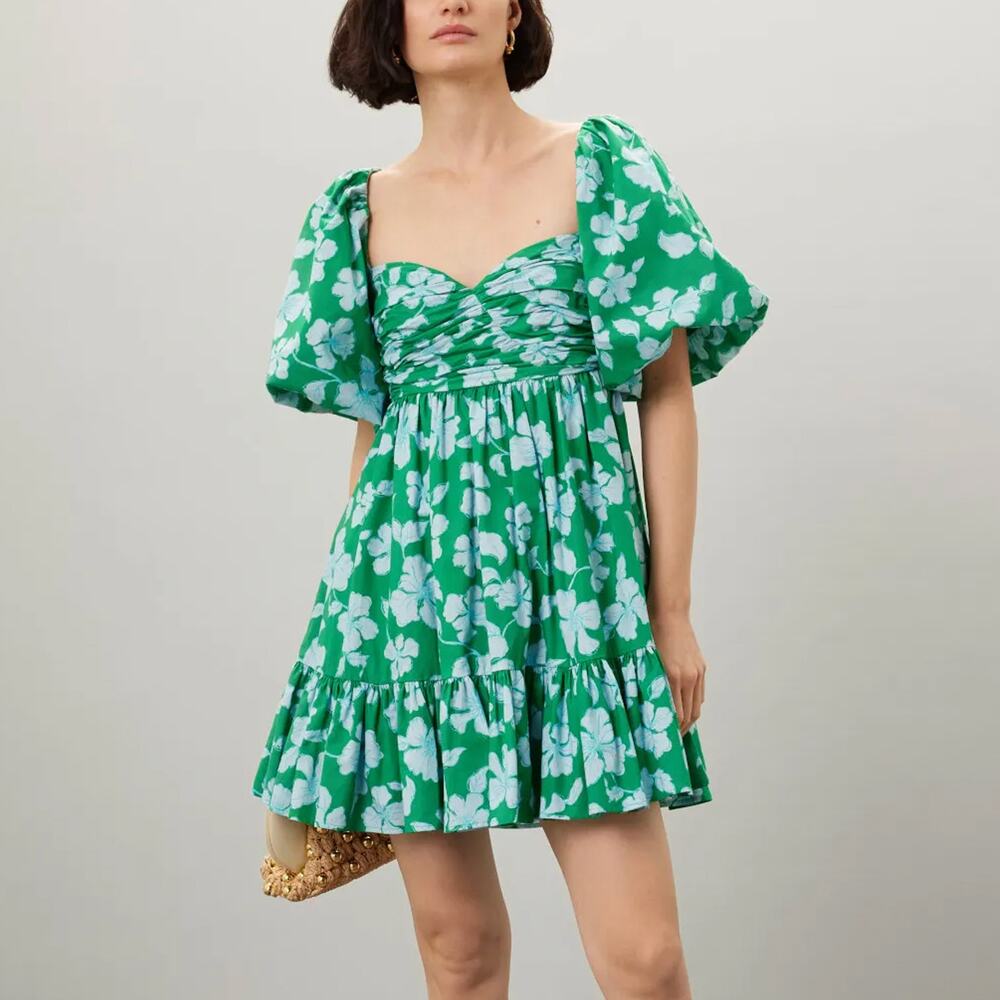 AMUR Green Floral Cotton Puff Sleeve Mini Dress Size 16